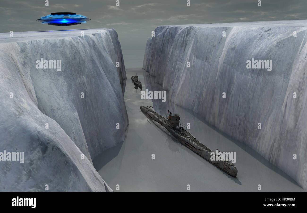 Aliens & Nazi-U-Boote, die Ankunft an der versteckten Antarktis Basis 211. Stockfoto
