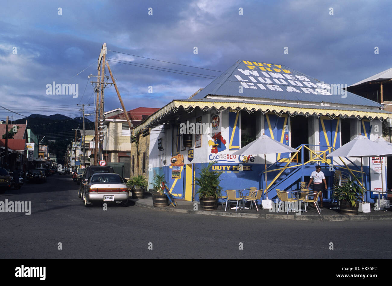 Bunte traditionelle Gebäude in Roseau, Dominica, Karibik Stockfoto