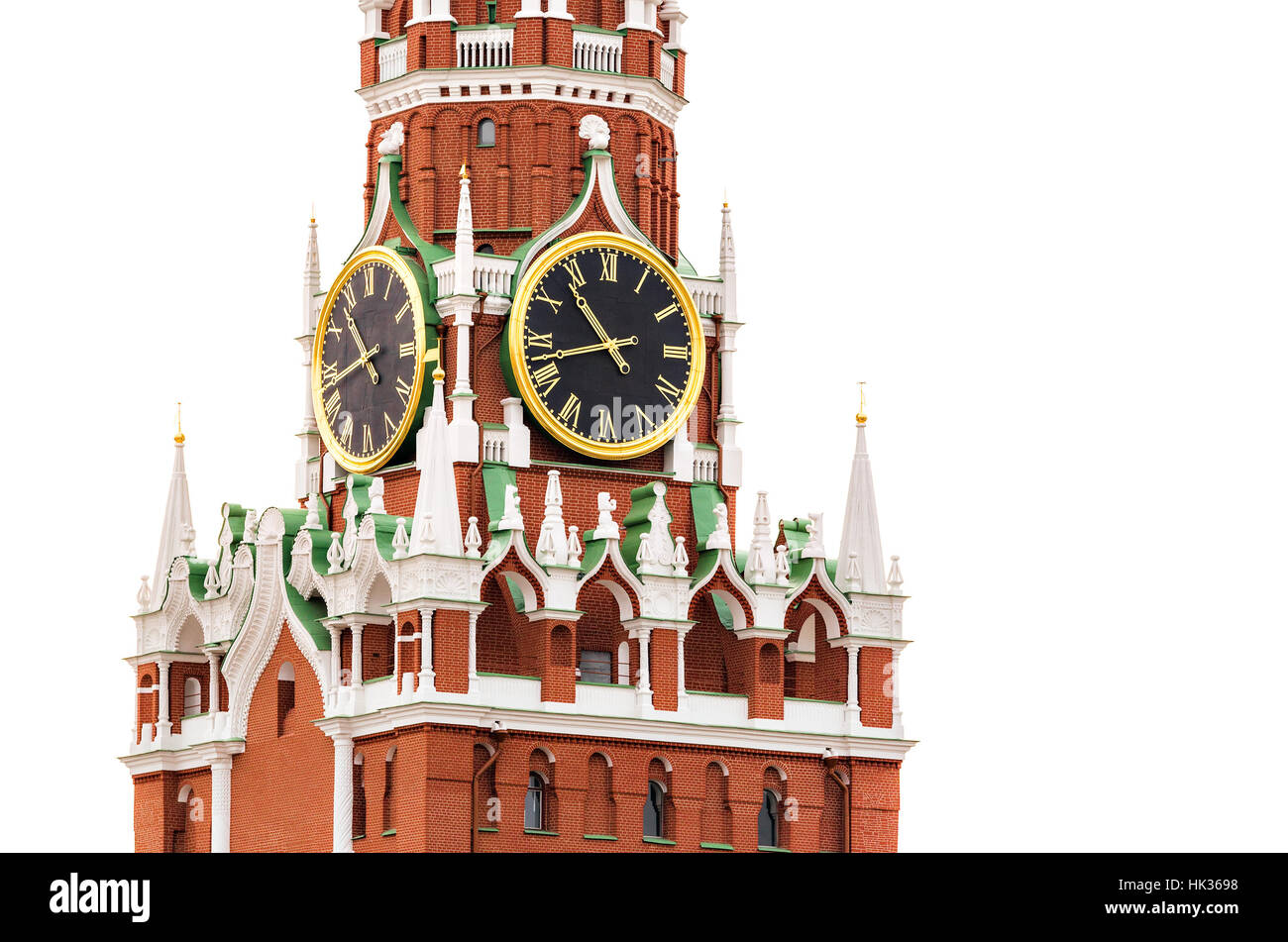 Kreml-Uhr auf dem Spasskaya (Retter)-Turm in Moskau auf dem weißen Hintergrund Stockfoto