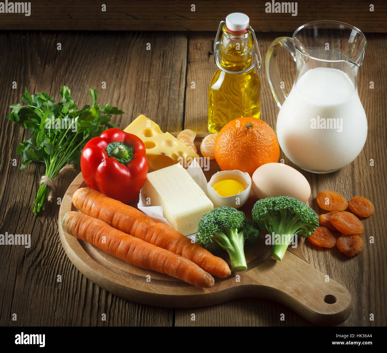 Vitamin A in Lebensmitteln. Stockfoto