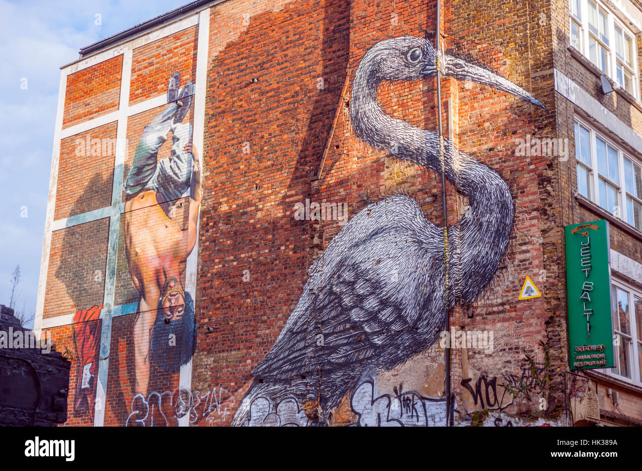 Wandbild an der Wand eines Gebäudes in Spitalfields London. Stockfoto