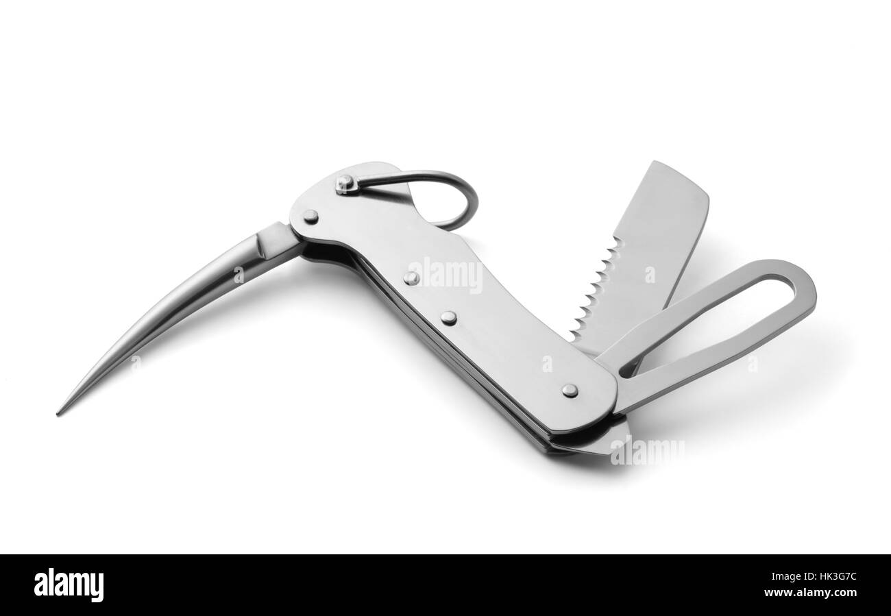 Segeln-Messer-Werkzeug mit Marlinspike und Schäkel Schlüssel isoliert auf weiss Stockfoto