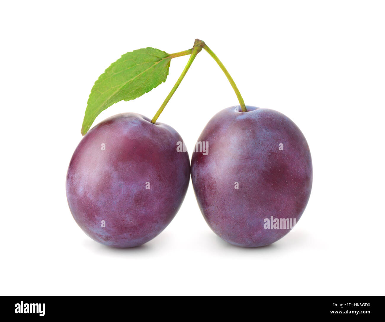 Zwei Pflaumen mit Blatt isoliert auf weiss Stockfoto