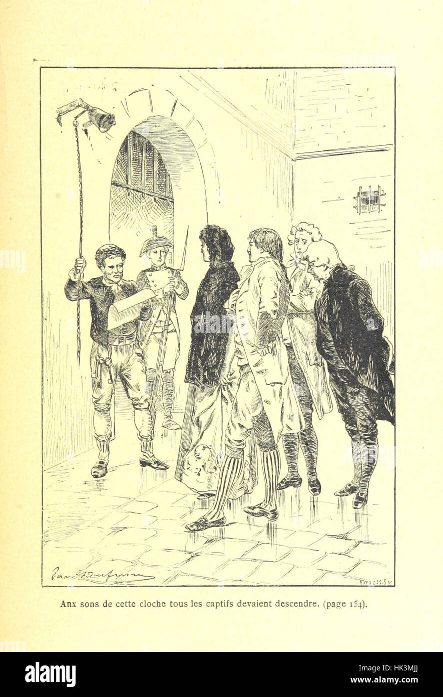 Das Bild stammt aus „La fin d'un siècle sans Dieu“, das die Terrorzeit in Frankreich beschreibt, einschließlich Illustrationen, die die chaotischen Ereignisse darstellen. Die Seite bietet visuelle Darstellungen wichtiger Momente in dieser Epoche der französischen Geschichte. Stockfoto