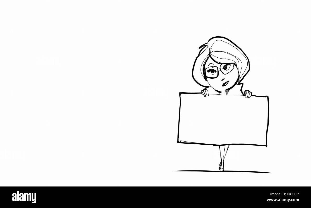 Karikatur von Frau mit leeren Banner auf weißem Hintergrund Stockfoto