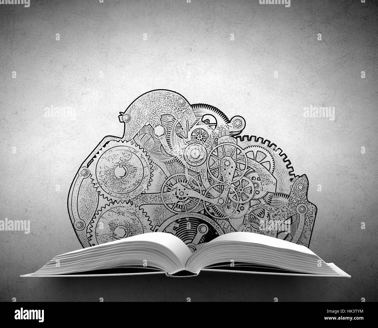 Buch mit Zahnrädern und Zahnrad-Mechanismus auf Seiten geöffnet Stockfoto
