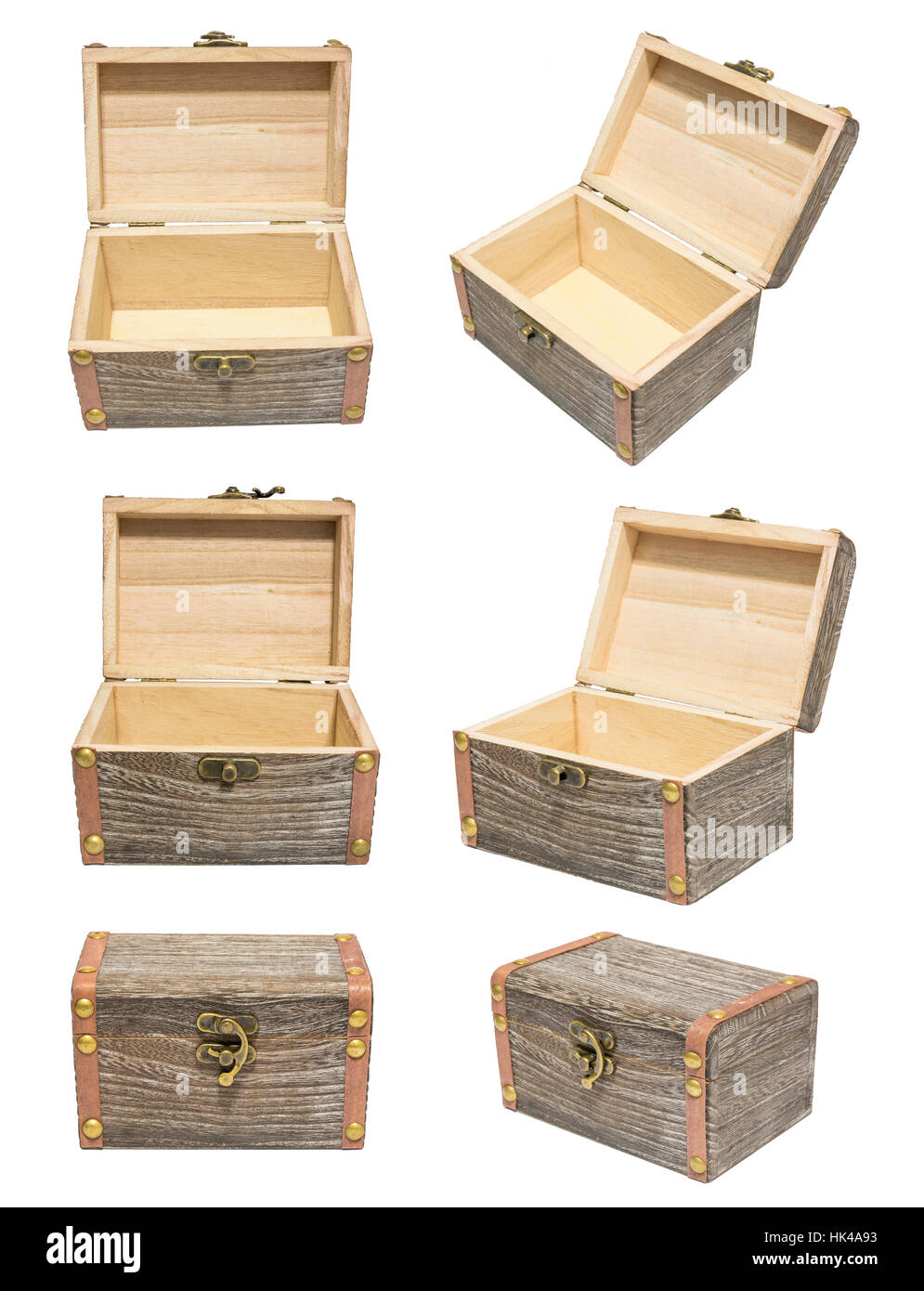 Alte Vintage geschlossen/offen Variation Winkel Box Holz Kiste Truhe Isolation auf weiß Stockfoto