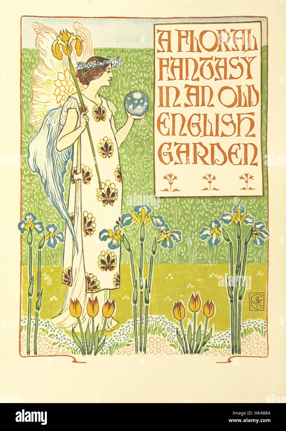 Bild aus „A Floral Fantasy in an Old English Garden“, einer poetischen und visuellen Feier eines traditionellen englischen Gartens, präsentiert durch Verse und farbenfrohe Designs. Stockfoto