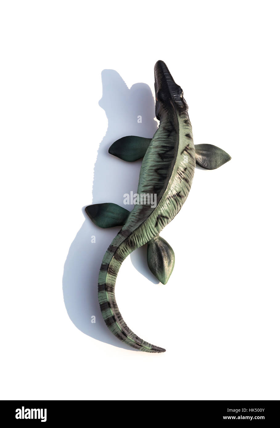 Draufsicht Mosasaurus Spielzeug mit Schatten auf weißem Hintergrund Stockfoto