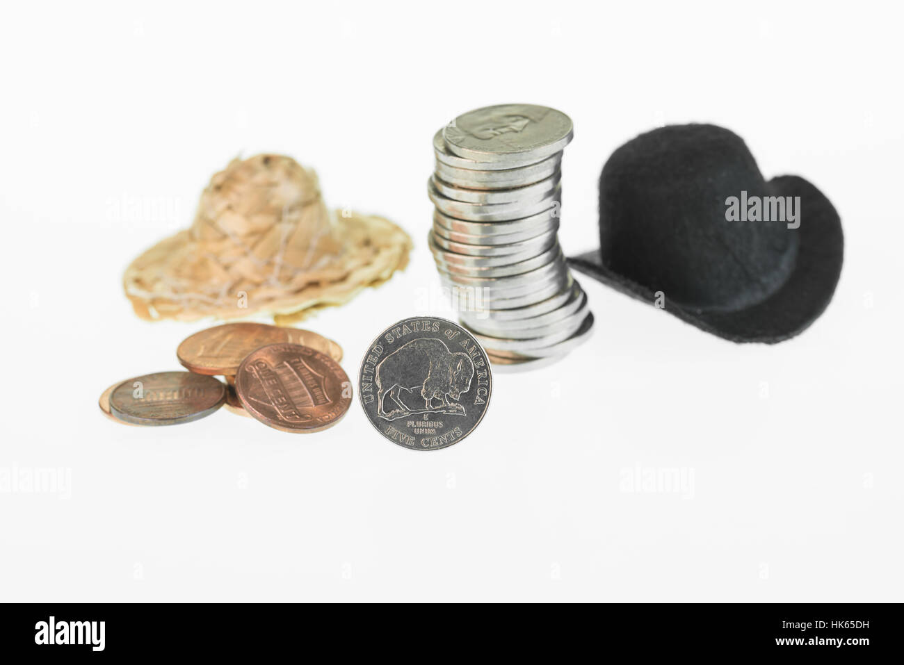 Amerikanisch, Hut, Münzen, Cowboy, Bison, Nickel, Penny, Stroh, schließen, Bankkredite, Stockfoto