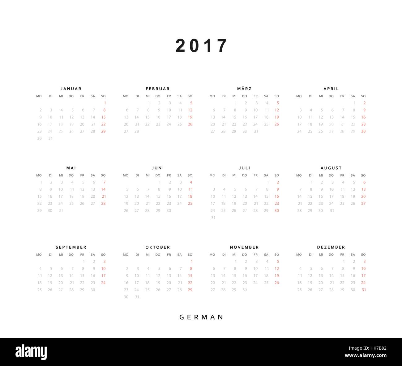 Kalender 2017 in deutscher Sprache. Woche beginnt montags Stock Vektor