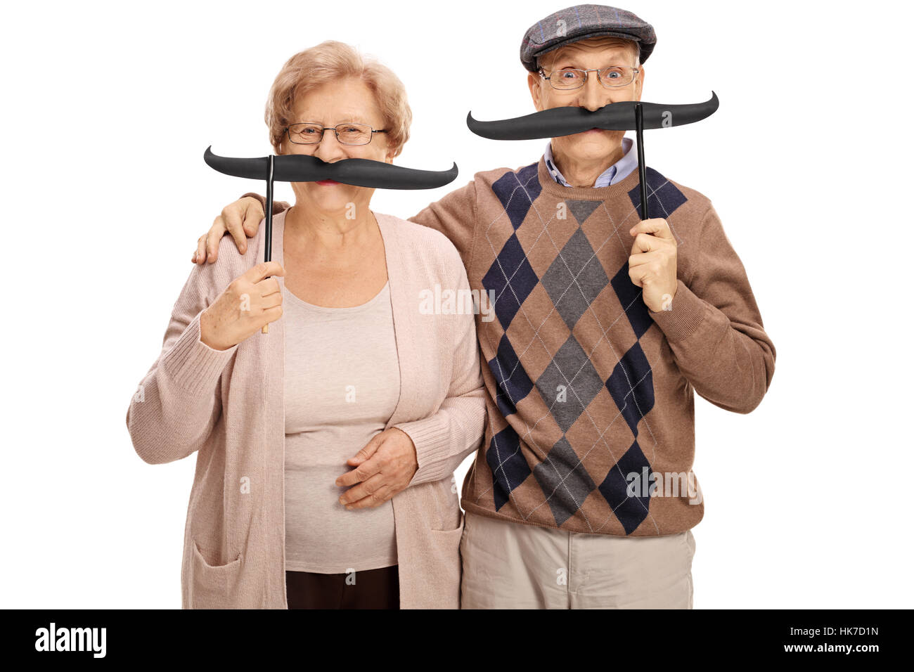 Fröhliche Senioren mit großen gefälschte Schnurrbart isoliert auf weißem Hintergrund Stockfoto