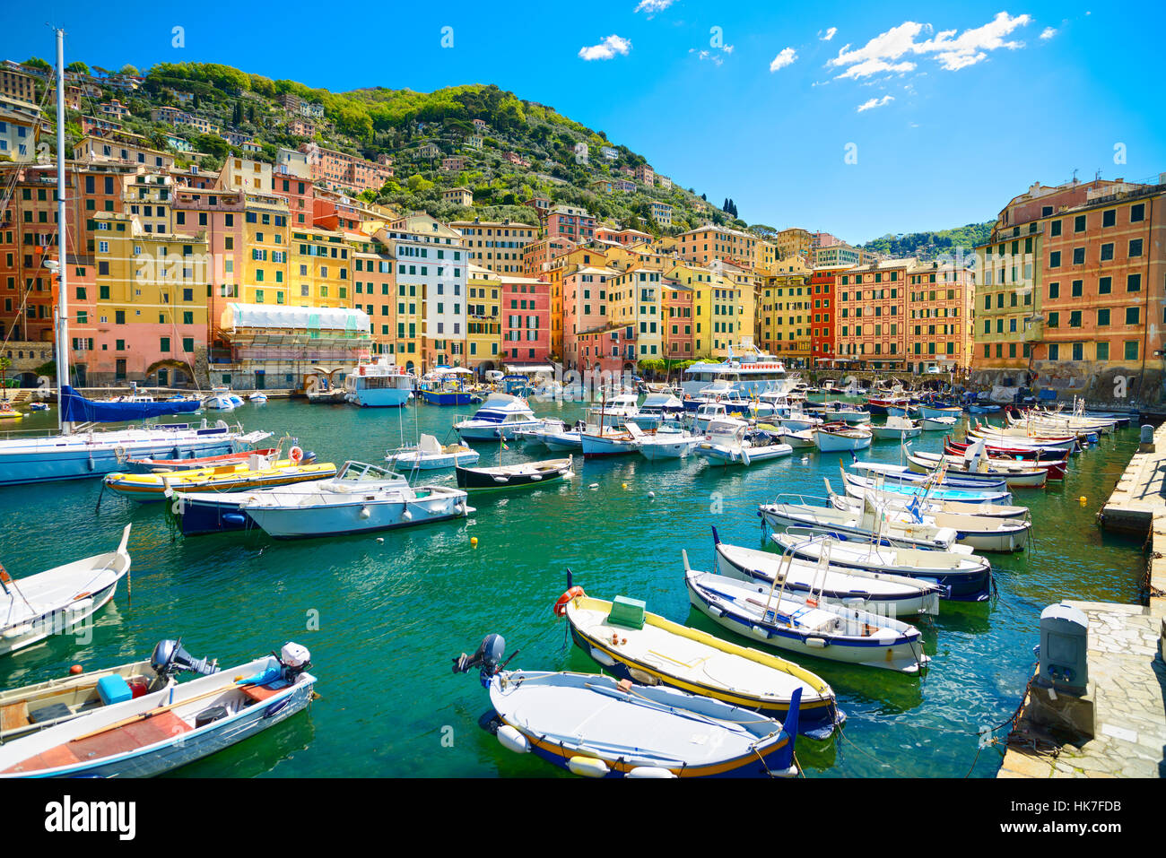 Camogli Marina Hafen, Boote und typischen bunten Häusern. Reisen Sie Reiseziel Ligurien, Italien, Europa. Stockfoto