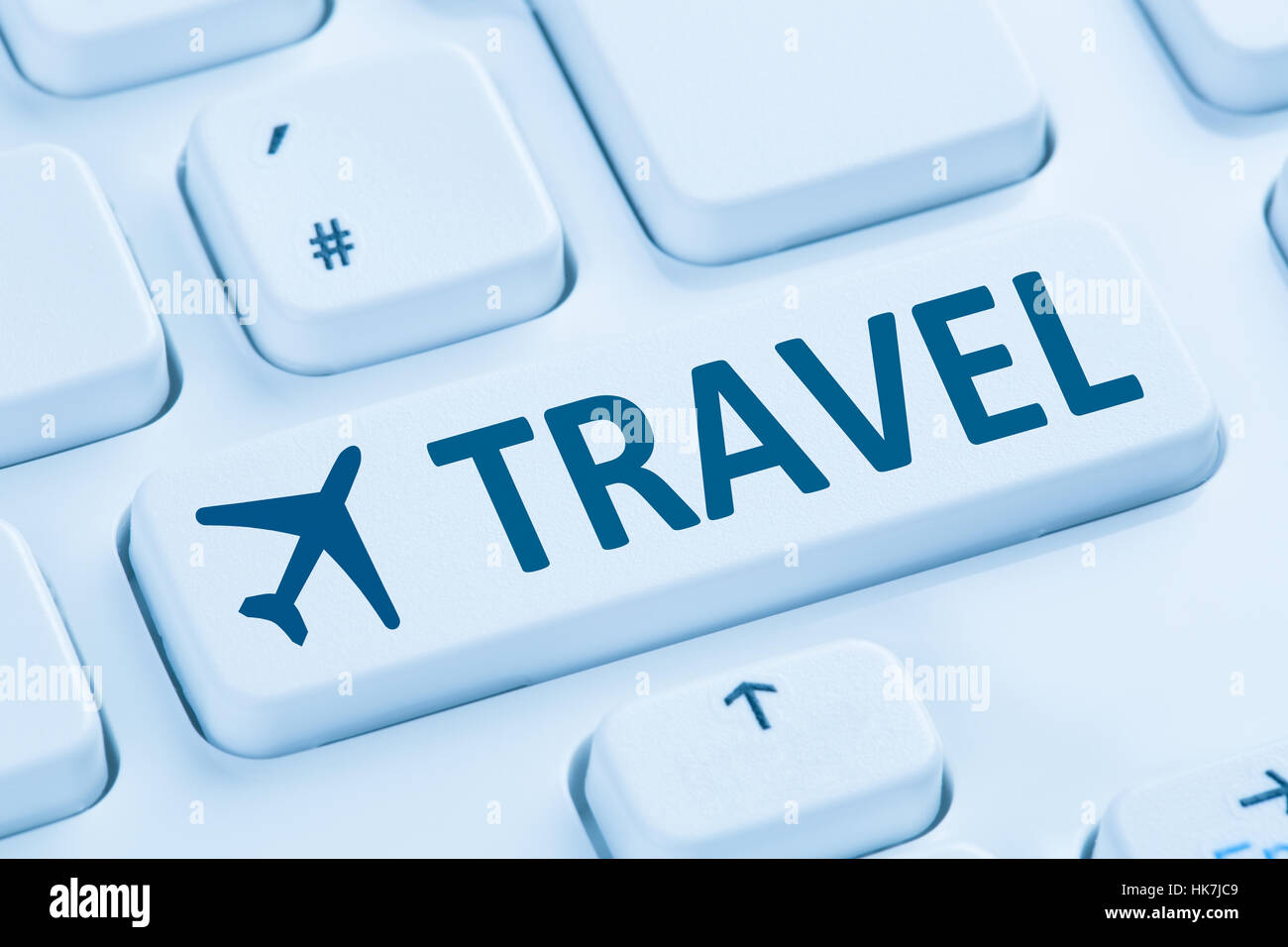 Buchung Flug Reisen Urlaub Reisen online-Shop Internet Symbol blau Computer-Tastatur Stockfoto