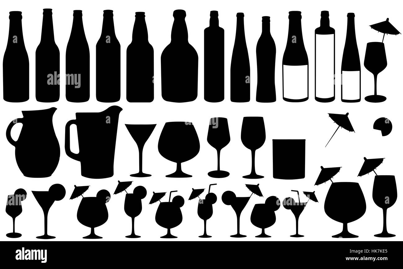 Reihe von verschiedenen Flaschen und Gläser Stockfoto