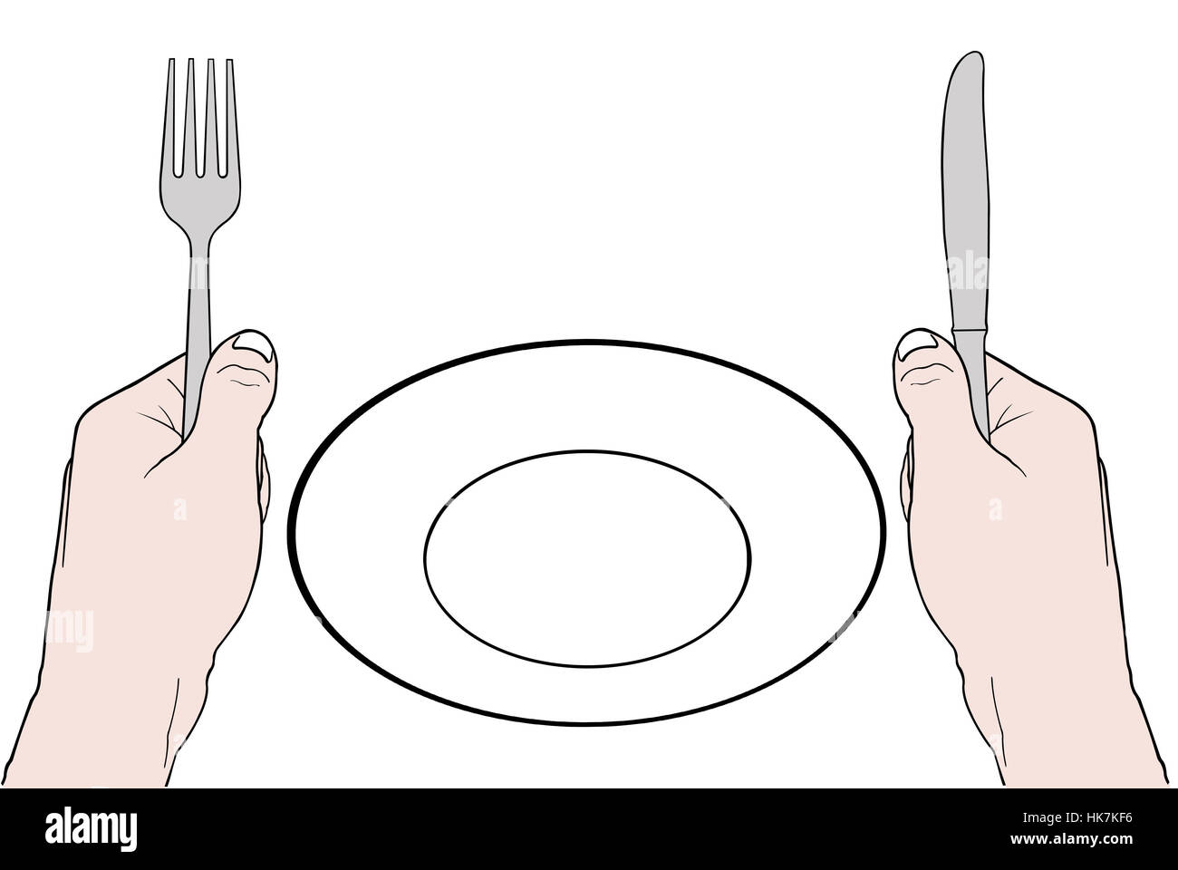Beispiel für einen leeren Teller mit Händen mit Messer und Gabel Stockfoto
