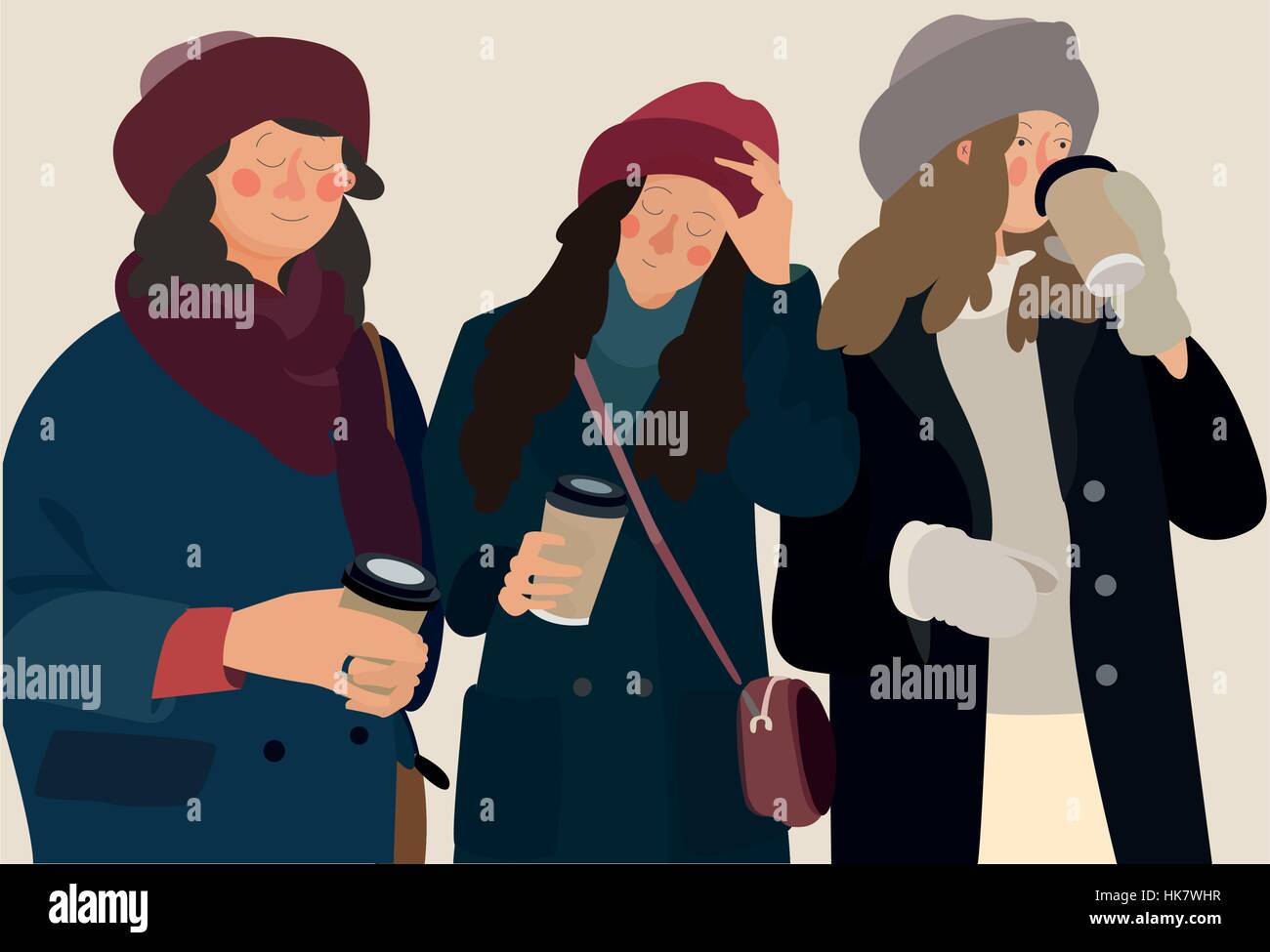 drei junge Mädchen in warme Kleidung Kaffeetrinken im Freien im Winter. Hand zu zeichnen Stil-Vektor-illustration Stock Vektor