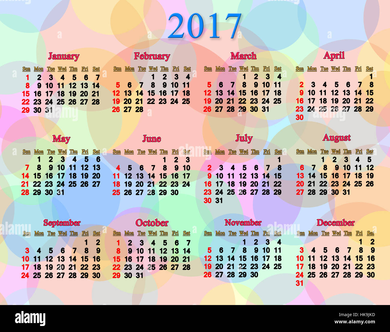 Kalender für nächstes Jahr 2017 die bunten Ringe und Kreise Stockfoto