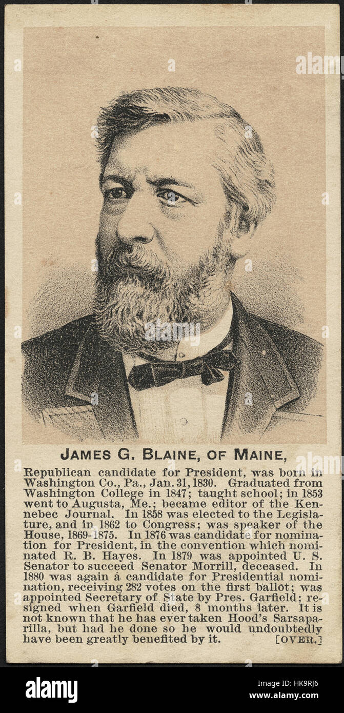 James G. Blaine, von Maine. Hoods Sarsaparilla Präsidentenkampagne Karte. (vorne) Stockfoto