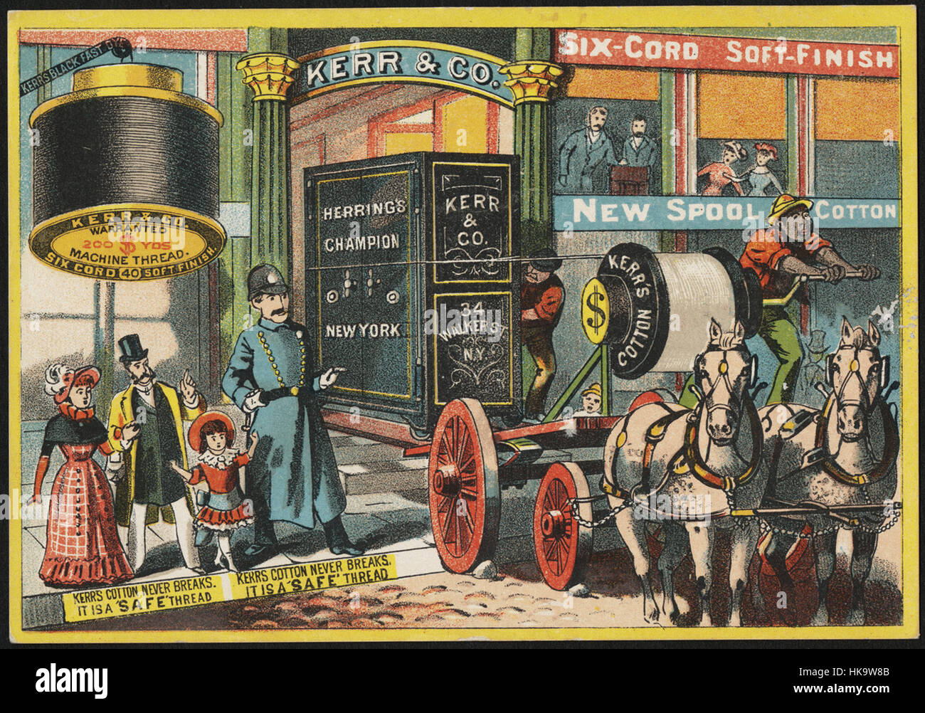 Kerr & Co., sechs-Schnur Soft-Finish neue Spule Baumwolle. Kerrs Baumwolle bricht nie. Es ist ein "sicheres" Thread. Stockfoto