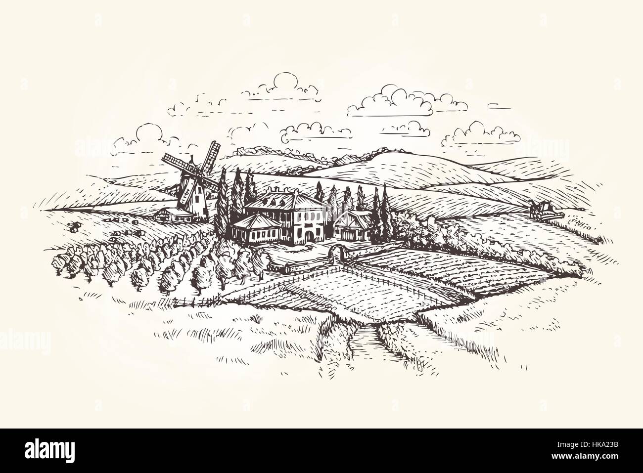 Vintage Landschaft. Bauernhof, Landwirtschaft oder Weizen Feld Skizze. Vektor-illustration Stock Vektor