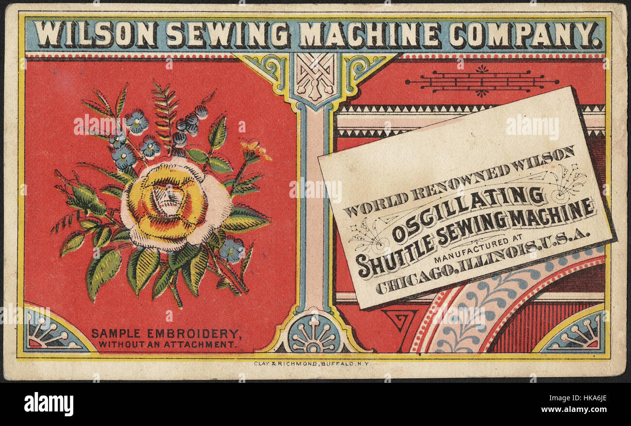 Wilson Sewing Machine Company. Weltweit renommierte Wilson oszillierende Shuttle Nähmaschine. Probe-Stickerei, ohne Anhang. (vorne) Stockfoto