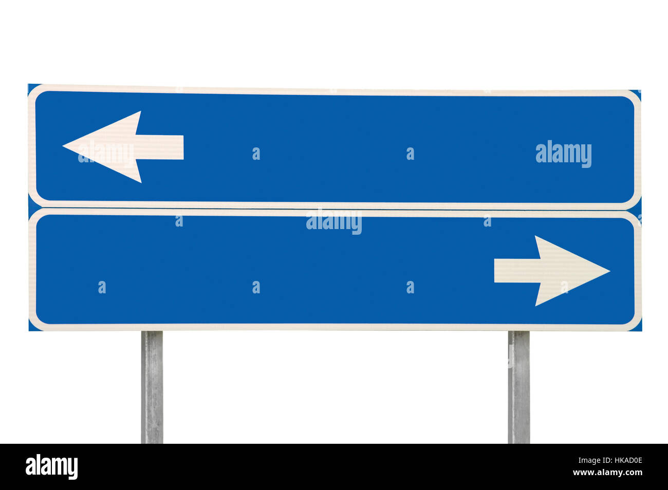Kreuzung Straße Zeichen, zwei weiße Pfeile blau isolierte textfreiraum Ziel Zeiger Stockfoto