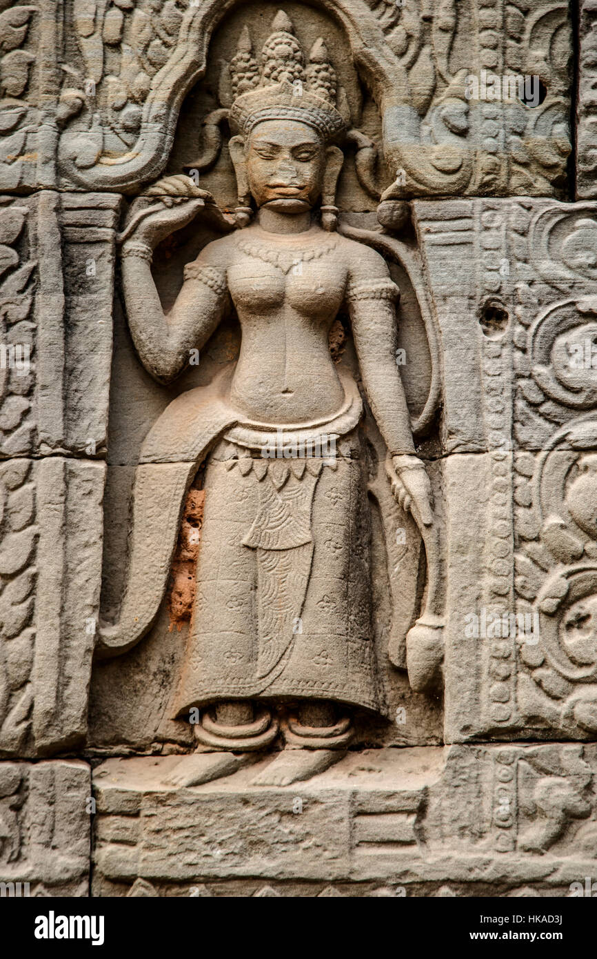 Basrelief gesagt (weibliche Gottheit), Preah Khan Tempel, Angkor archäologischer Park, Siem Reap, Kambodscha Stockfoto