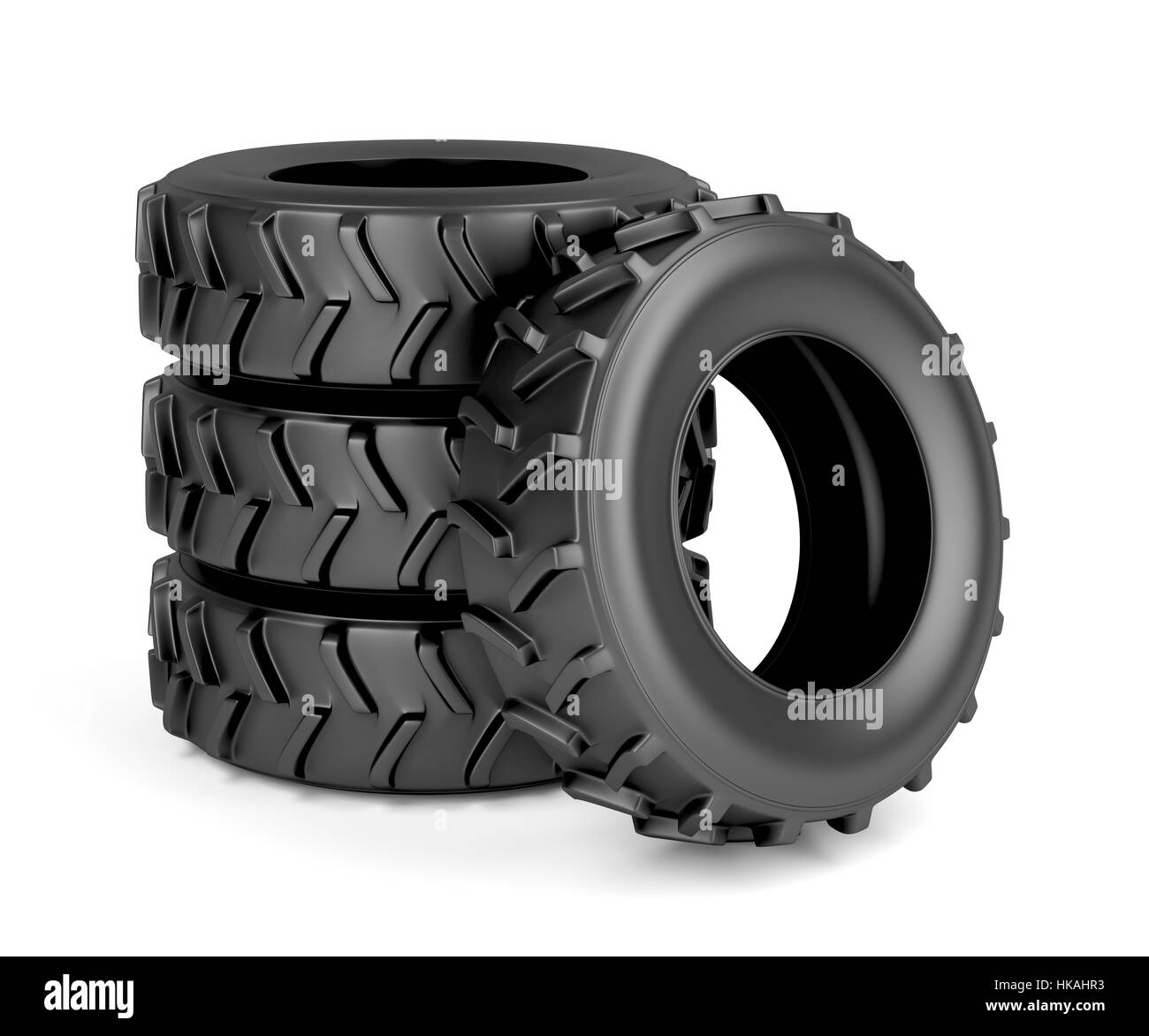 Gruppe von vier Reifen für Traktor oder Maschinen auf weißem Hintergrund Stockfoto