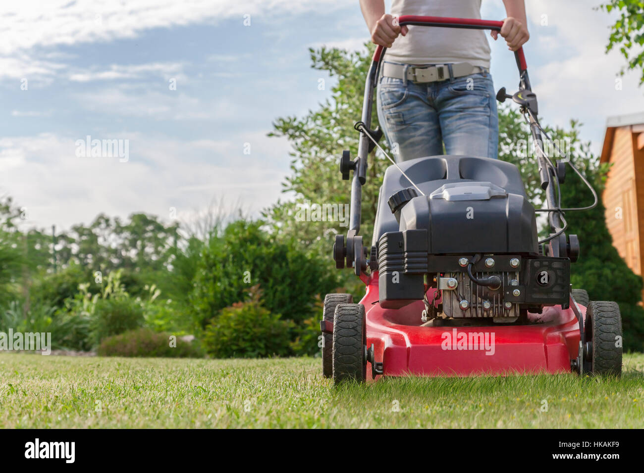 Anonyme Frau Mähen des Rasens mit einem motorisierten Rasenmäher Stockfoto