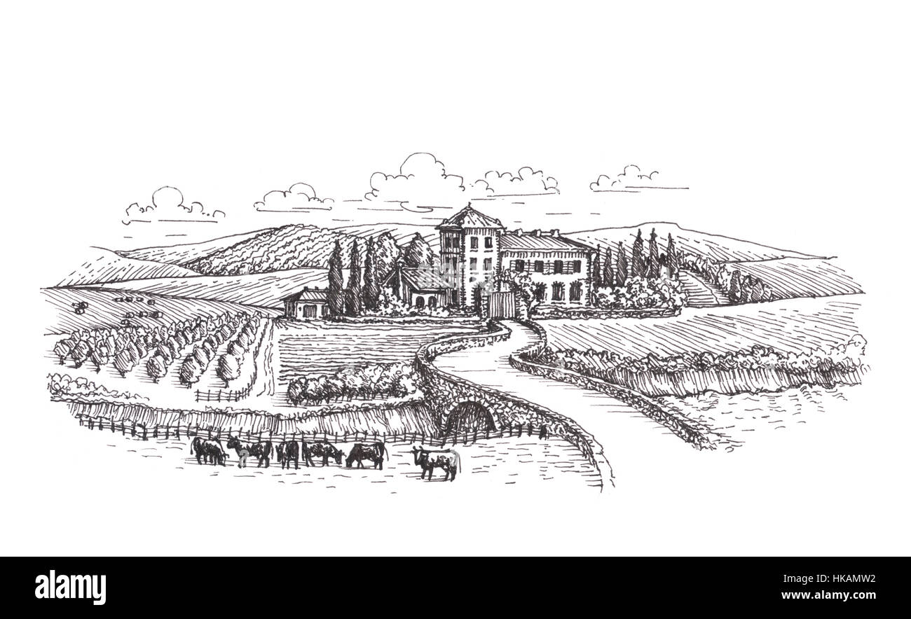 Bauernhof, Landwirtschaft oder Weinberge Skizze Stockfoto