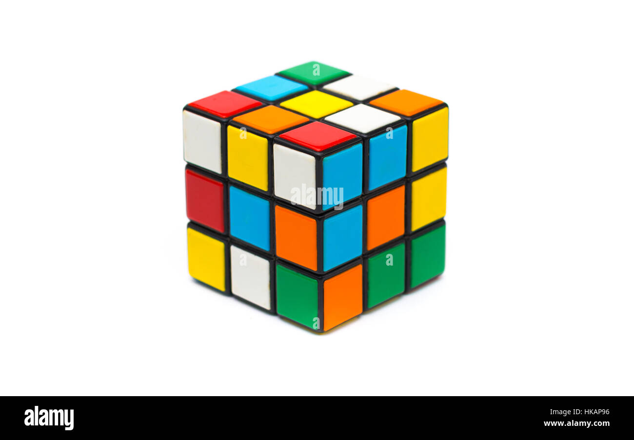 Rubiks Cube auf weißem Hintergrund Stockfoto