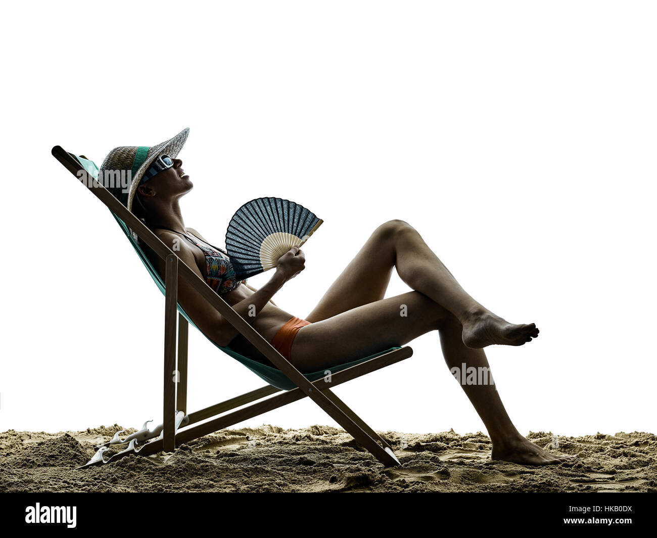 Frau am Strand Meer Sonne Urlaub Ferien Silhouette isoliert auf weißem Hintergrund Stockfoto