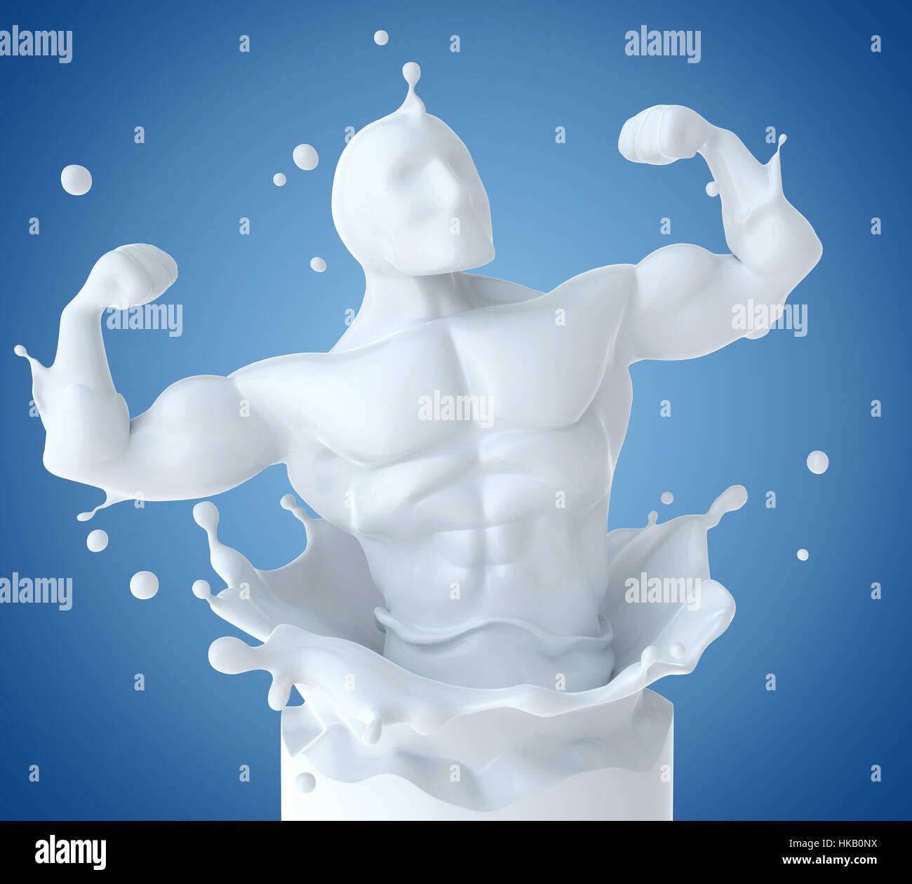 Spritzen der Milch in Form von Körper Athleten. 3D illustration Stockfoto