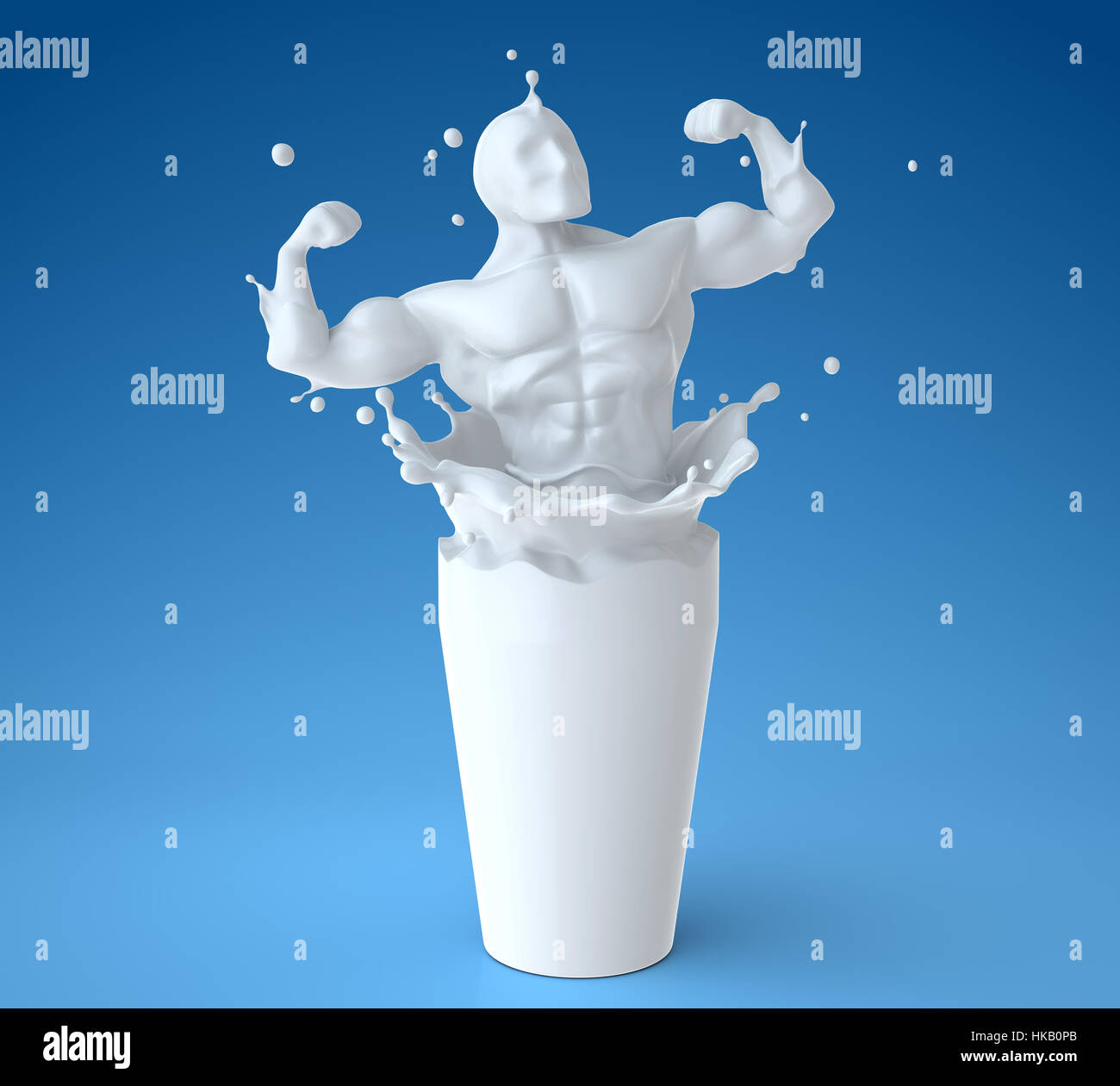 Spritzen der Milch in Form von Körper Athleten. 3D illustration Stockfoto