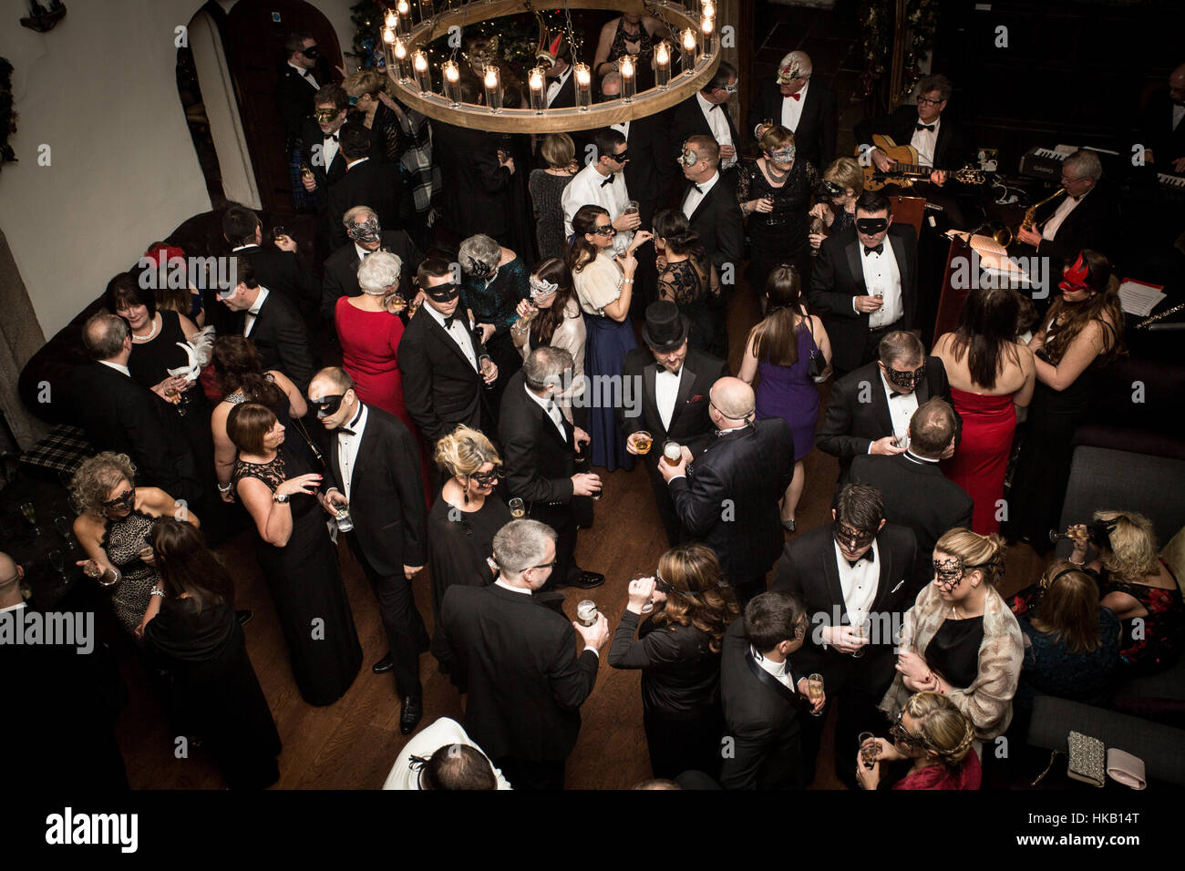 New Years Eve Maskenball, Boringdon Hall, UK. Stockfoto