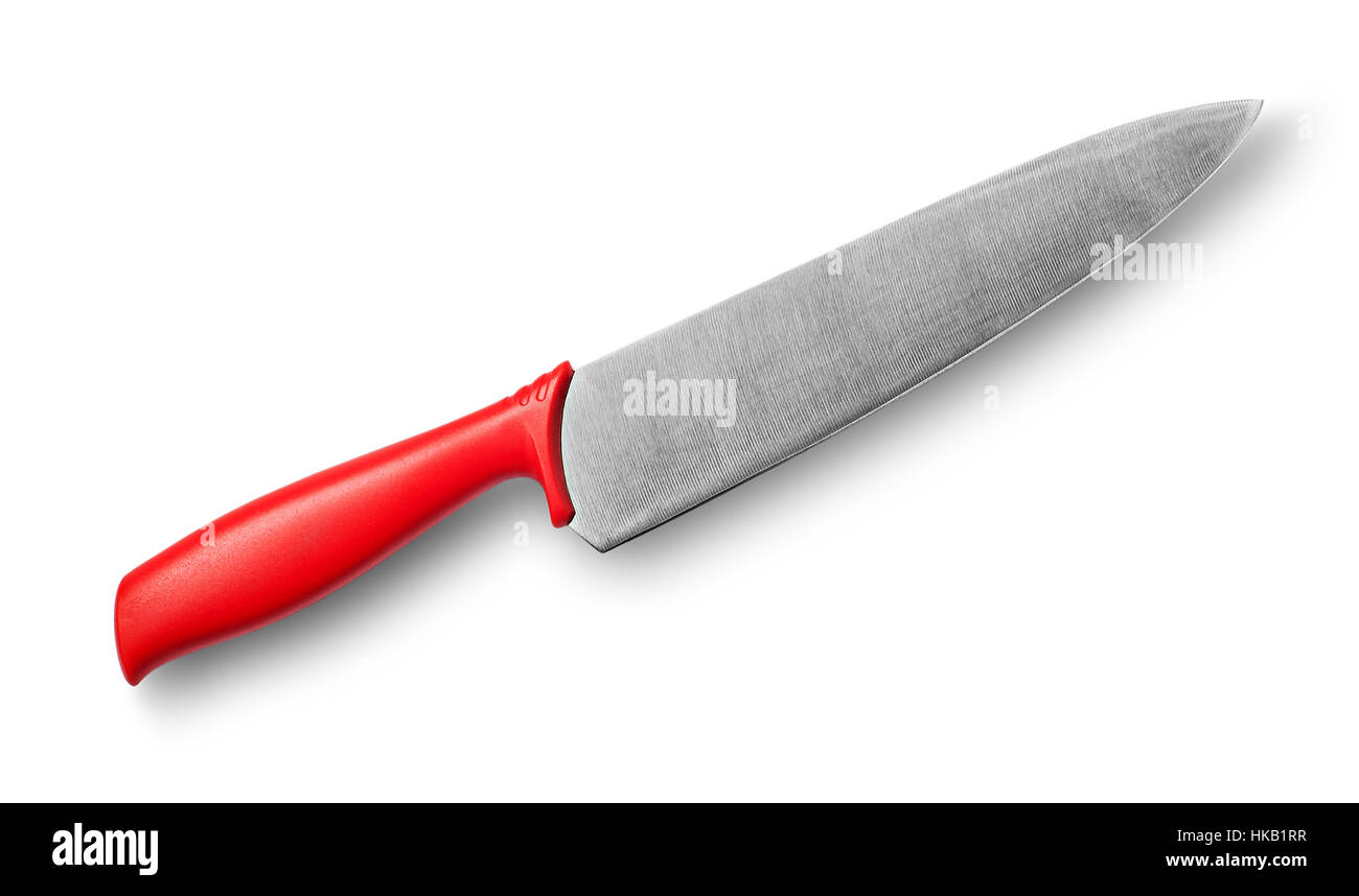 Großen Küchenmesser mit rotem Griff isoliert auf weißem Hintergrund Stockfoto