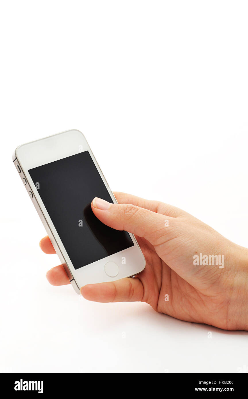 Person, die weiß Telefon mit der hand Stockfoto