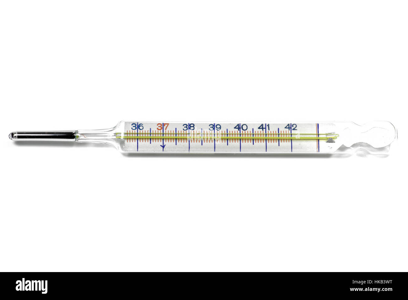medizinische Quecksilber-Thermometer isoliert auf weißem Hintergrund Stockfoto