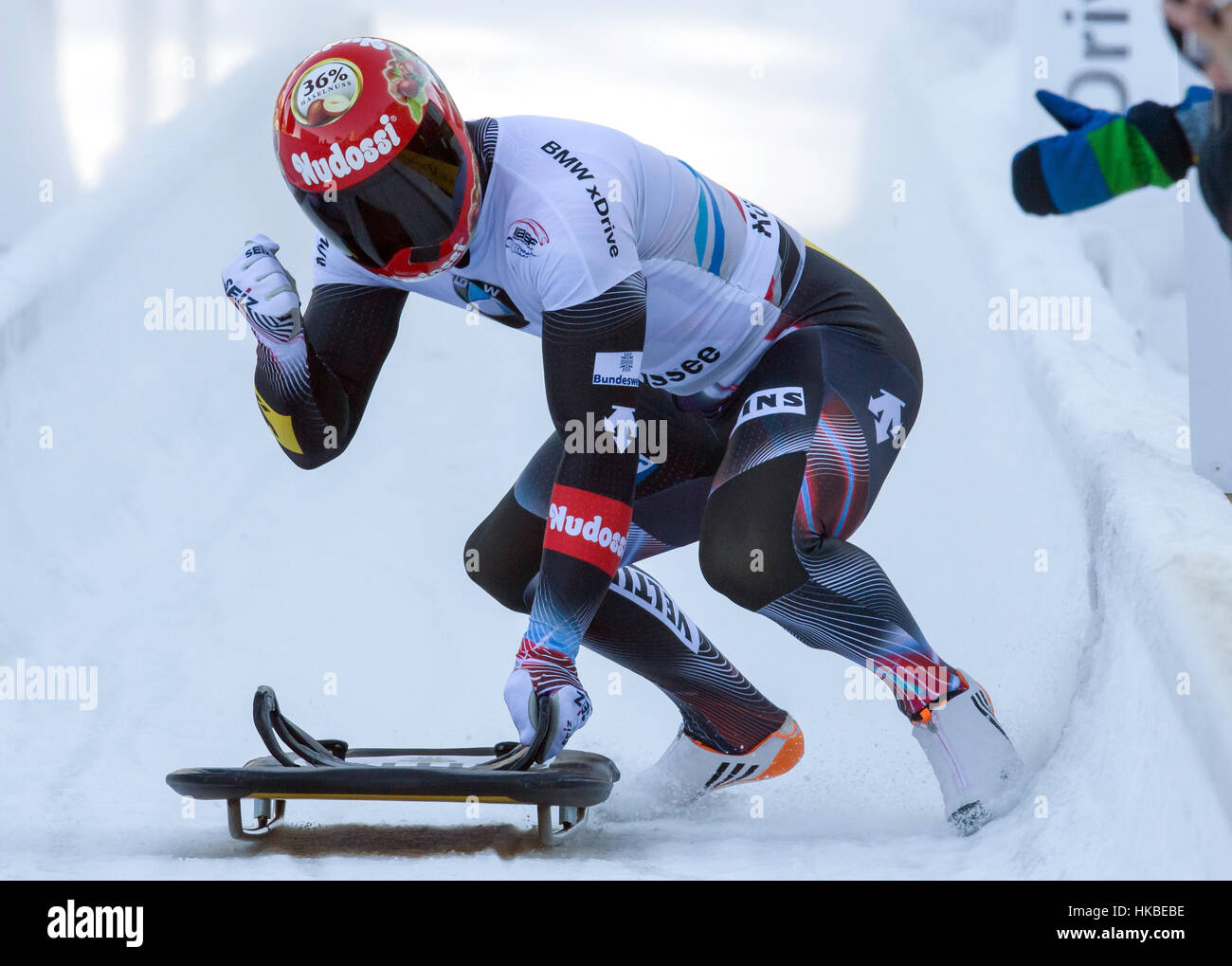 Königssee, Deutschland. 28. Januar 2017. Deutsche Skelett Rennfahrer Alexander Gassner bei der Skeleton WM in Schönau am Königssee, Deutschland, 28. Januar 2017. Gassner kam auf den dritten Platz. : Bildnachweis Peter Kneffel/Dpa: Dpa picture-Alliance/Alamy Live News Stockfoto