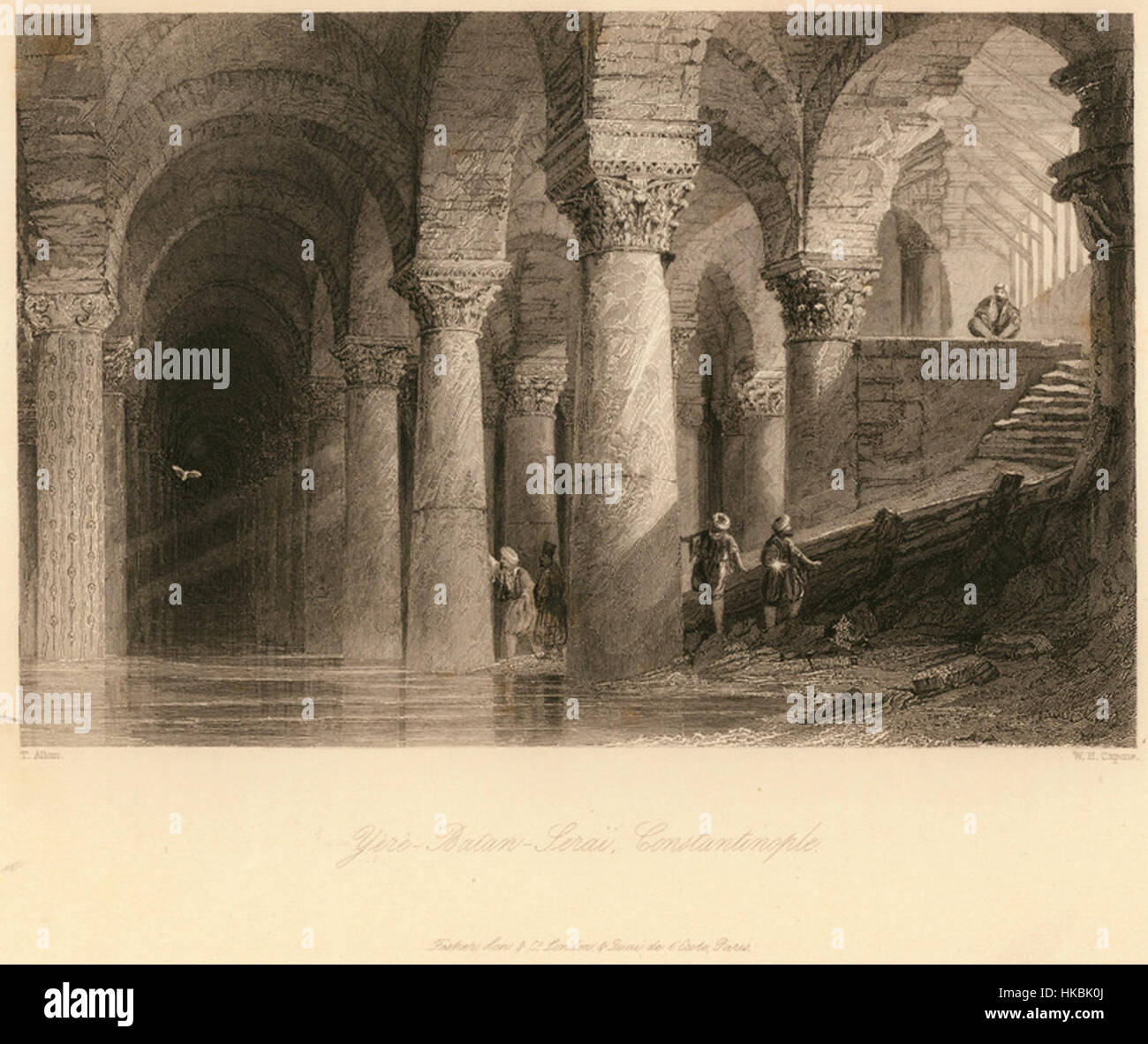 Dieses Gemälde aus dem Jahr 1836, das von Robert Walsh und Thomas Allom geschaffen wurde, zeigt die Yere Batan Sarai (Cisterna Basilica) in Konstantinopel. Die Illustration fängt die großartige Architektur und geheimnisvolle Atmosphäre dieses unterirdischen Gebäudes ein, einer wichtigen historischen Stätte in Istanbul. Stockfoto