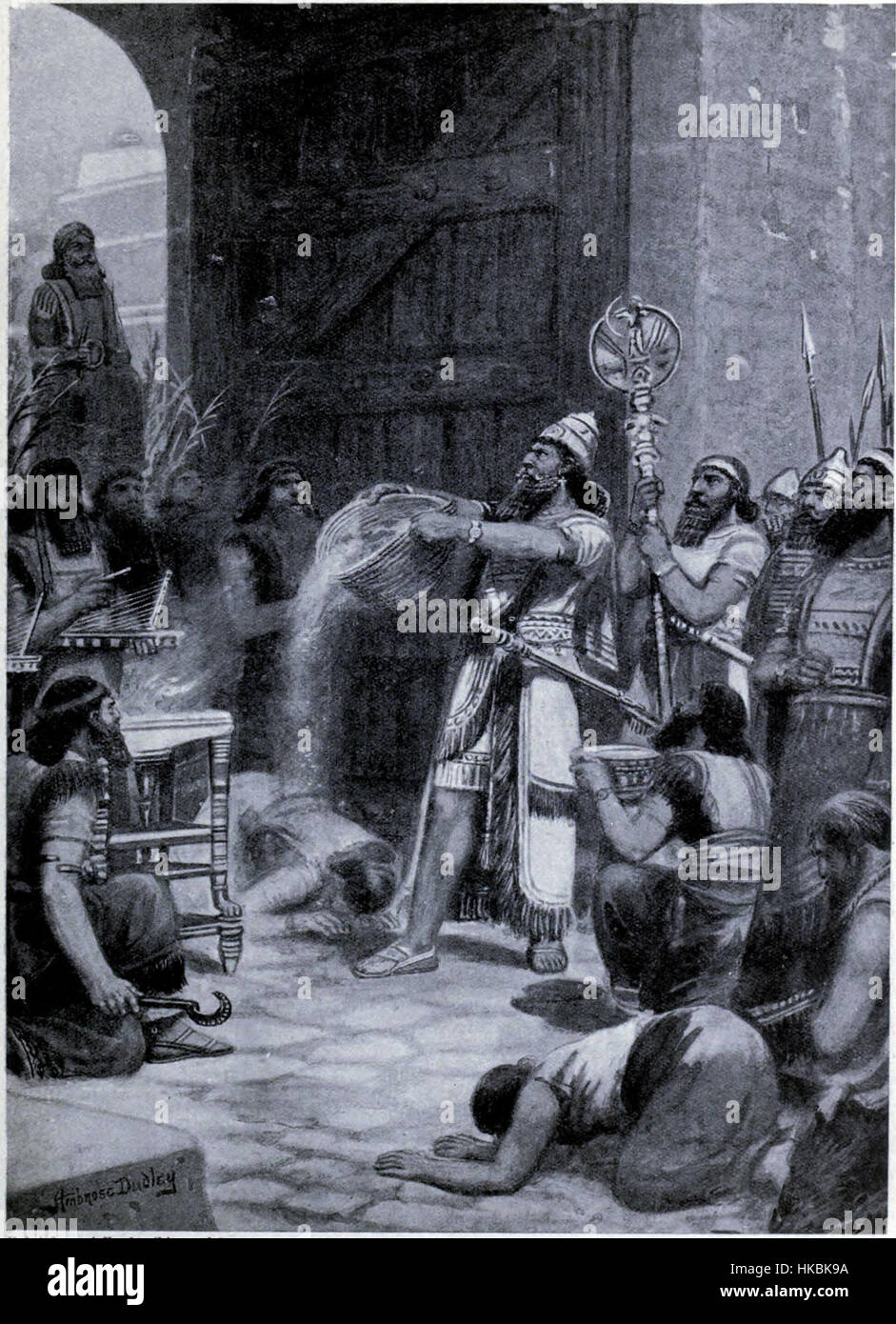 Dieses antike assyrische Relief zeigt König Shalmaneser I., der ein religiöses Ritual durchführt, indem er Staub vor seinem Gott Ashur gießt. Das Relief ist Teil der assyrischen Kunst, die oft das göttliche Herrschaftsrecht der Könige und ihre Interaktion mit Göttern in Kriegsführung und Regierungsführung darstellte. Stockfoto