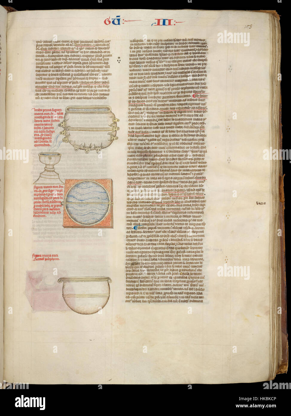 Diese Illustration aus *Nikolaus von Lyra’ Kommentar zur Bibel* (153r) liefert eine visuelle Interpretation des biblischen Textes. Lyras theologische Schriften waren von zentraler Bedeutung für das mittelalterliche Scholastizismus und beeinflussten späteres religiöses Denken. Stockfoto