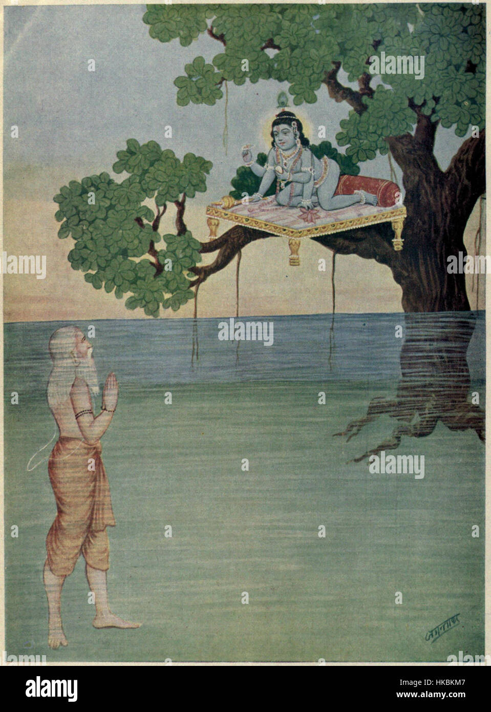 Bala Mukunda ist ein Gemälde, das die traditionelle indische Kunst veranschaulicht und komplexe Details und lebendige Farben zeigt. Das Kunstwerk zeigt eine historische Figur mit Schwerpunkt auf kultureller Symbolik und Ausdruck, die das Wesen des indischen Erbes einfängt. Stockfoto