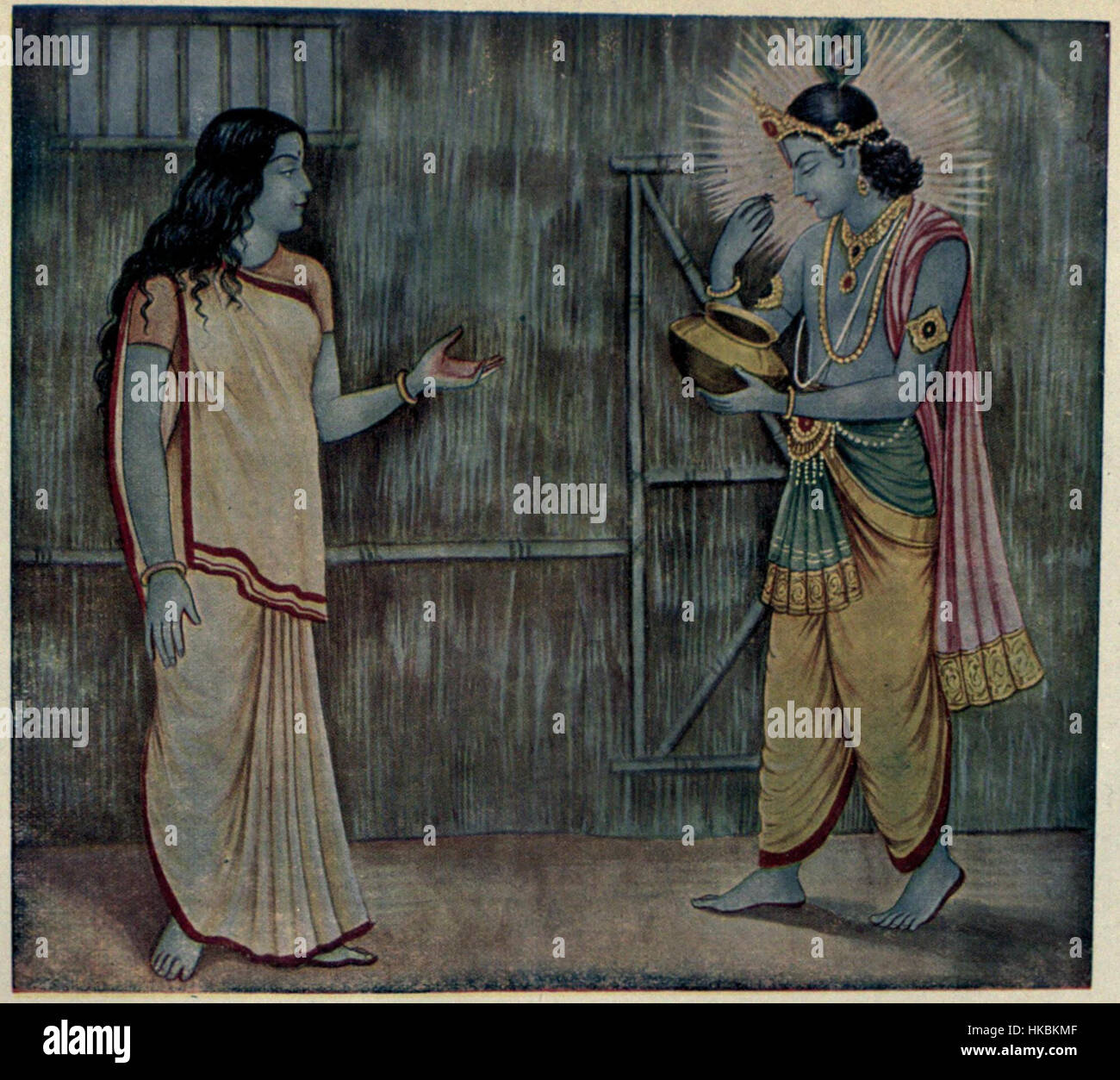 Dieses Gemälde zeigt Draupadi aus der hinduistischen Mythologie, der Krishna eine einzige Prise Reis anbietet, die er akzeptiert, obwohl er eine große Menge angeboten hat. Der Moment symbolisiert Draupadis Hingabe und Krishnas Gnade und umfasst Themen des Glaubens, der Hingabe und der göttlichen Intervention in der hinduistischen Mythologie. Stockfoto Dieses Gemälde zeigt Draupadi aus der hinduistischen Mythologie, der Krishna eine einzige Prise Reis anbietet, die er akzeptiert, obwohl er eine große Menge angeboten hat. Der Moment symbolisiert Draupadis Hingabe und Krishnas Gnade und umfasst Themen des Glaubens, der Hingabe und der göttlichen Intervention in der hinduistischen Mythologie. Stockfoto