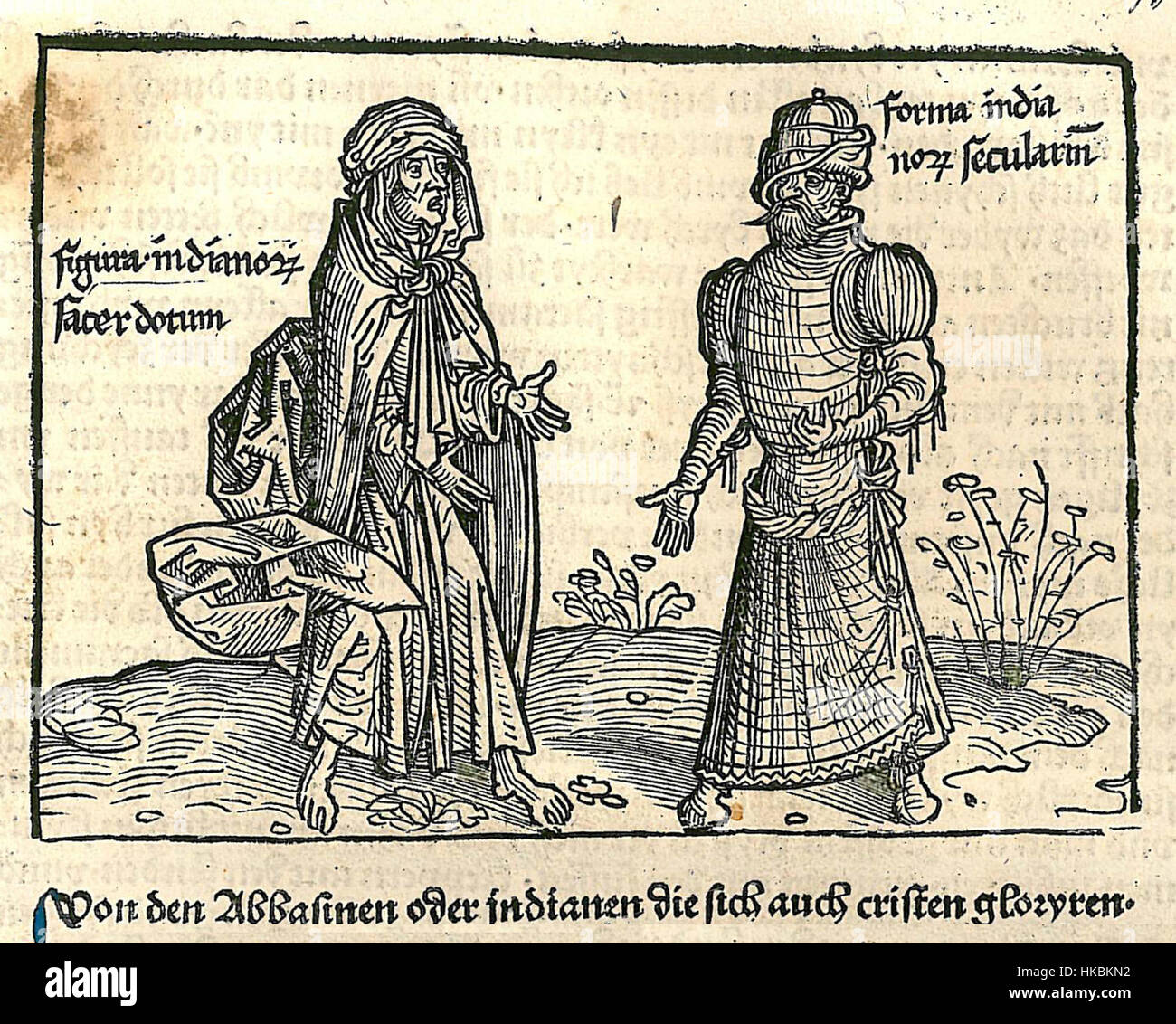 Die 1486 von Bernhard von Breydenbach gezeigte Illustration zeigt die Figur eines indigenen Priesters und gibt Einblick in die Wahrnehmung indigener Kulturen in Europa im 15. Jahrhundert. Das Kunstwerk, das für einen Reiseaccount erstellt wurde, zeigt frühe europäische künstlerische Interpretationen außereuropäischer Völker. Stockfoto