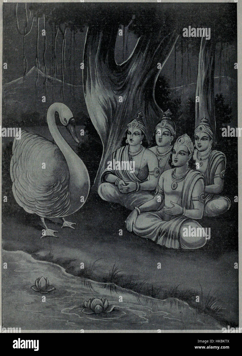 Das Kunstwerk „Brahma Couselin Sadhya as Schwanenform“ veranschaulicht die hinduistische Gottheit Brahma in einer symbolischen Schwanenform, die in der indischen Mythologie häufig dargestellt wird. Das Gemälde vermittelt das spirituelle Wesen und die kulturelle Symbolik der hinduistischen Mythologie und konzentriert sich auf die Umwandlung Brahmas in einen Schwan. Stockfoto Das Kunstwerk „Brahma Couselin Sadhya as Schwanenform“ veranschaulicht die hinduistische Gottheit Brahma in einer symbolischen Schwanenform, die in der indischen Mythologie häufig dargestellt wird. Das Gemälde vermittelt das spirituelle Wesen und die kulturelle Symbolik der hinduistischen Mythologie und konzentriert sich auf die Umwandlung Brahmas in einen Schwan. Stockfoto