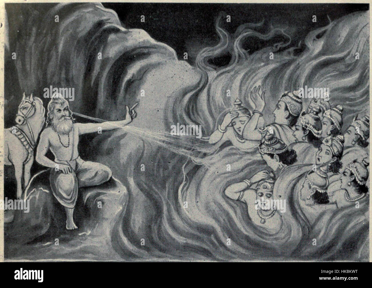 „Kapila Burns the Sagara Kumaras“ ist ein Kunstwerk, das eine Szene aus der hinduistischen Mythologie illustriert, in der die spirituellen Kräfte des Weisen Kapilas in einem dramatischen Ereignis manifestieren. Das Gemälde zeigt die feurige Zerstörung der Sagara Kumaras, ein bedeutender Moment in der mythologischen Erzählung. Stockfoto