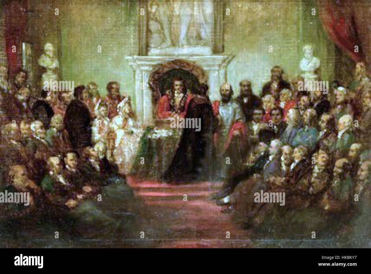 Dieses historische Gemälde zeigt den Moment, in dem General Giuseppe Garibaldi die Freiheit der Stadt präsentiert wird. Das Kunstwerk ist ein bedeutendes Ereignis in der italienischen Geschichte und spiegelt die Ehre und Wertschätzung wider, die Garibaldi für seine Rolle bei der Vereinigung Italiens erwarb. Stockfoto