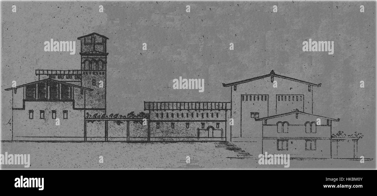 Dieser Entwurf von Persius für den Klein Glienicke Wirtschaftshof ist ein Beispiel für den deutschen Architekturstil des frühen 19. Jahrhunderts. Der Plan spiegelt einen funktionalen, aber ästhetischen Ansatz der ländlichen Architektur während dieser Zeit wider. Stockfoto